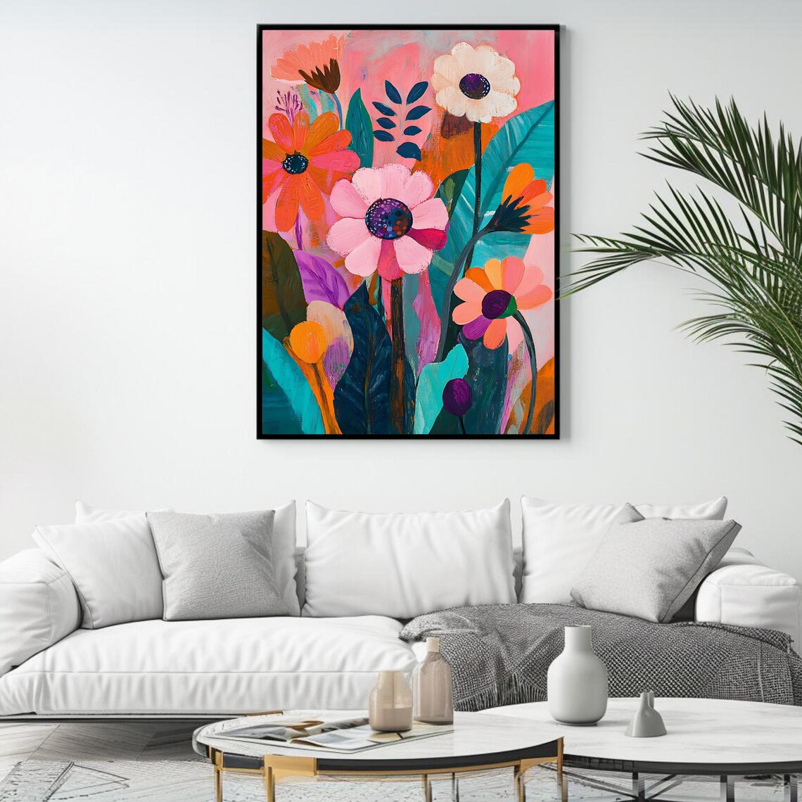 Modern Pink Coral Blossom Floral Art With Teal Leaves Wall Poster - Image 4