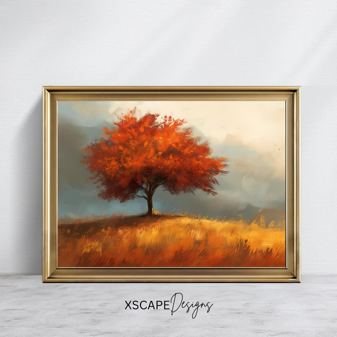 Red Autumn Tree Golden Hill Fall Foliage Meadow Landscape Wall Art