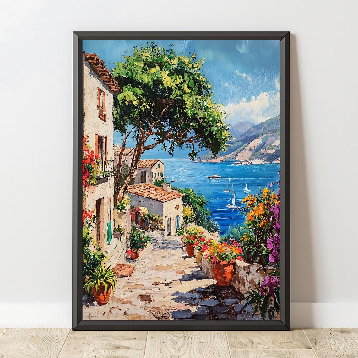 Mediterranean Coastal Village Stone Path Sea Sailboats Oil Art Poster - Image 2