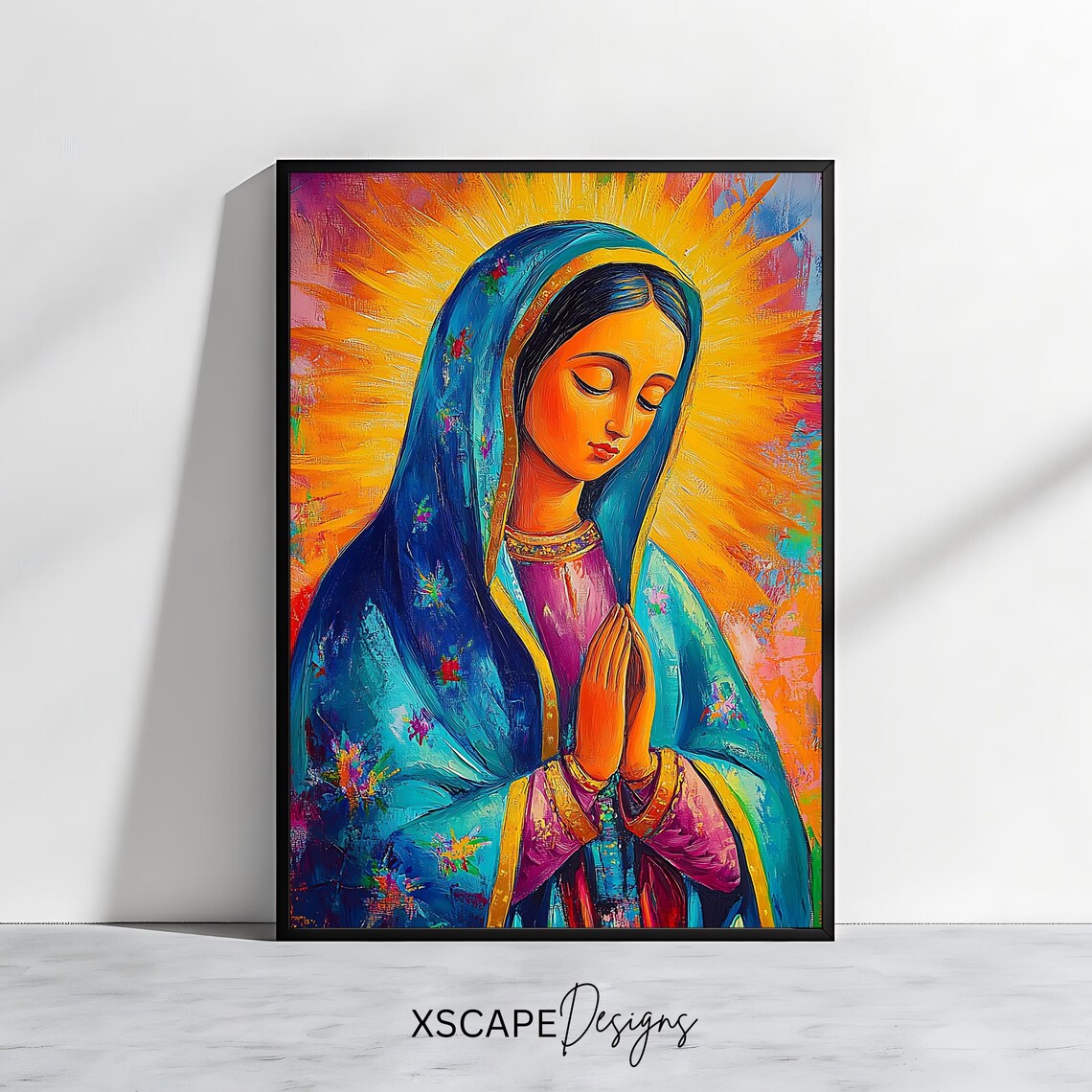 Our Lady Of Guadalupe Praying Teal Mantle Golden Halo Faith Art Poster