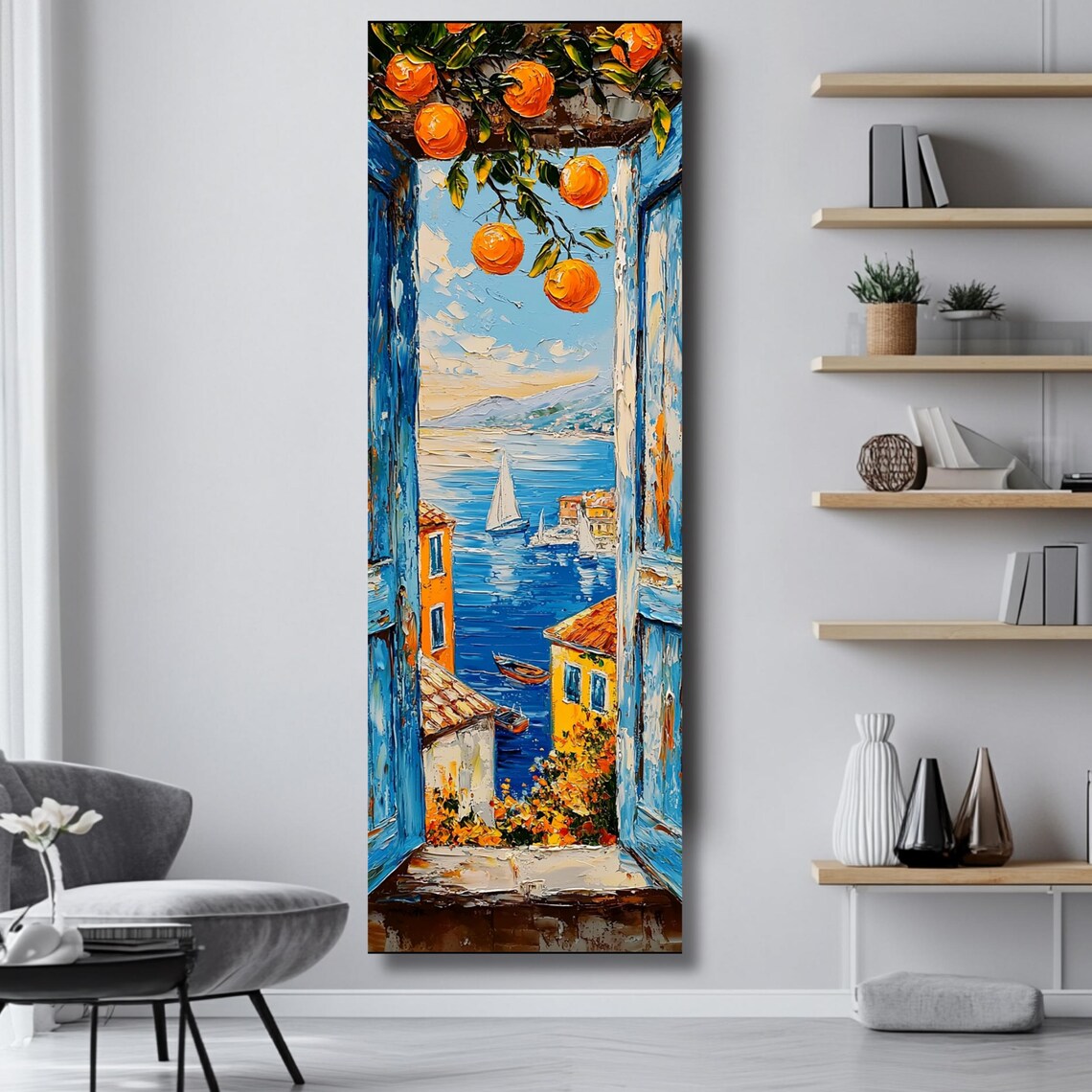 Mediterranean Window Orange Branch Coastal Village Sailboat Poster - Image 4