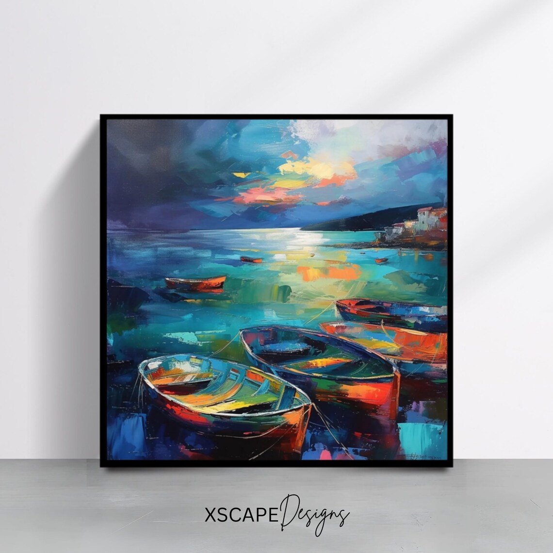 Harbor Fishing Boats Sunset Mooring Colorful Seascape Art Print Poster