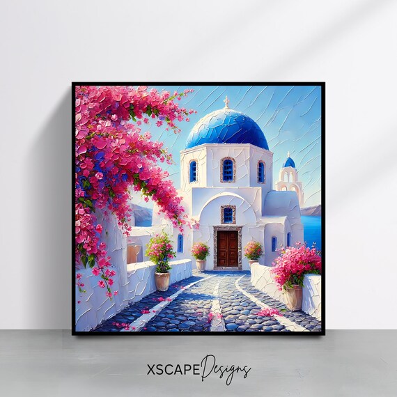 Santorini Blue Dome Church Cobblestone Lane Bougainvillea Travel Poster