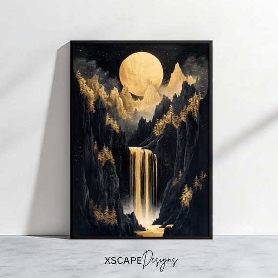 Mystical Moon Art Print Gold And Black Landscape Waterfall Wall Decor