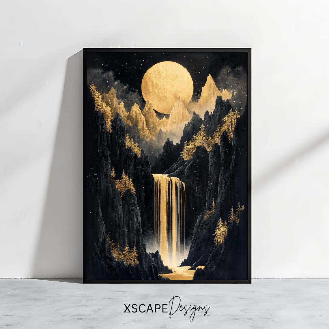 Black and Gold Moon Waterfall Mystical Mountain Night View Poster