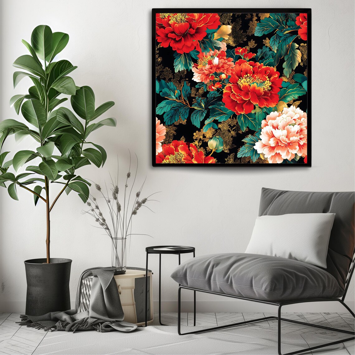 Square Floral Art Print, Modern Botanical Peony - Image 3