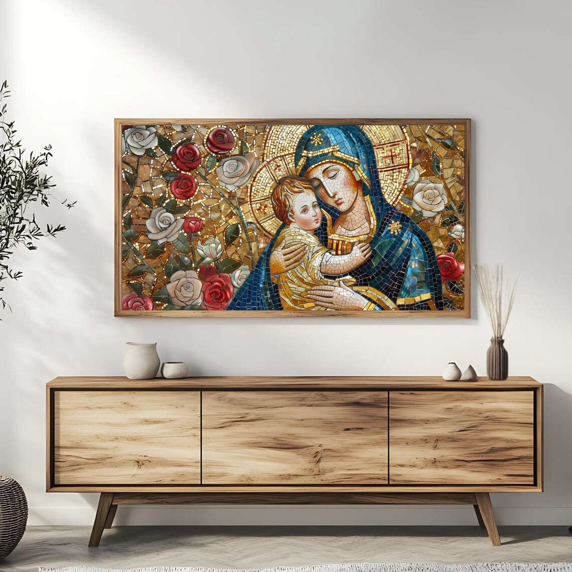 Virgin Mary With Child Jesus Mosaic Gold Roses Catholic Religious Art Print - Image 3