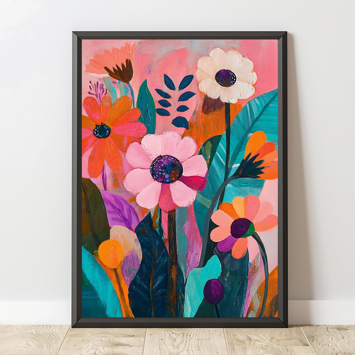 Modern Pink Coral Blossom Floral Art With Teal Leaves Wall Poster - Image 2