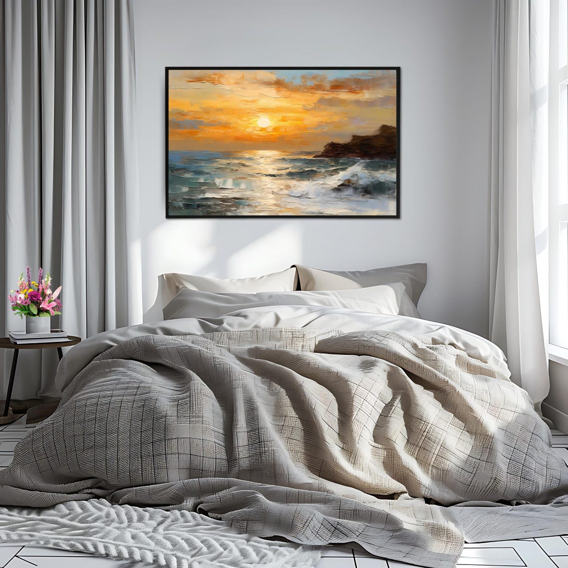 Ocean Sunset Waves Rocky Shore Bright Golden Light Seascape Poster - Image 2