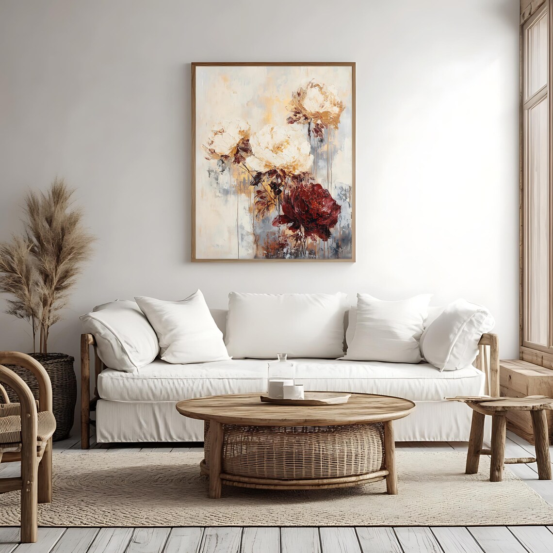 Vintage Peony Blossoms Cream Burgundy Abstract Floral Painting Poster - Image 4