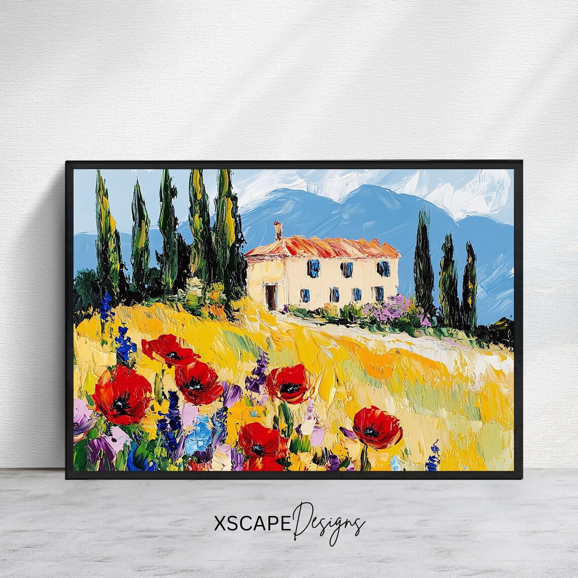 Tuscan Farmhouse Red Poppies Cypress Trees Countryside View Poster