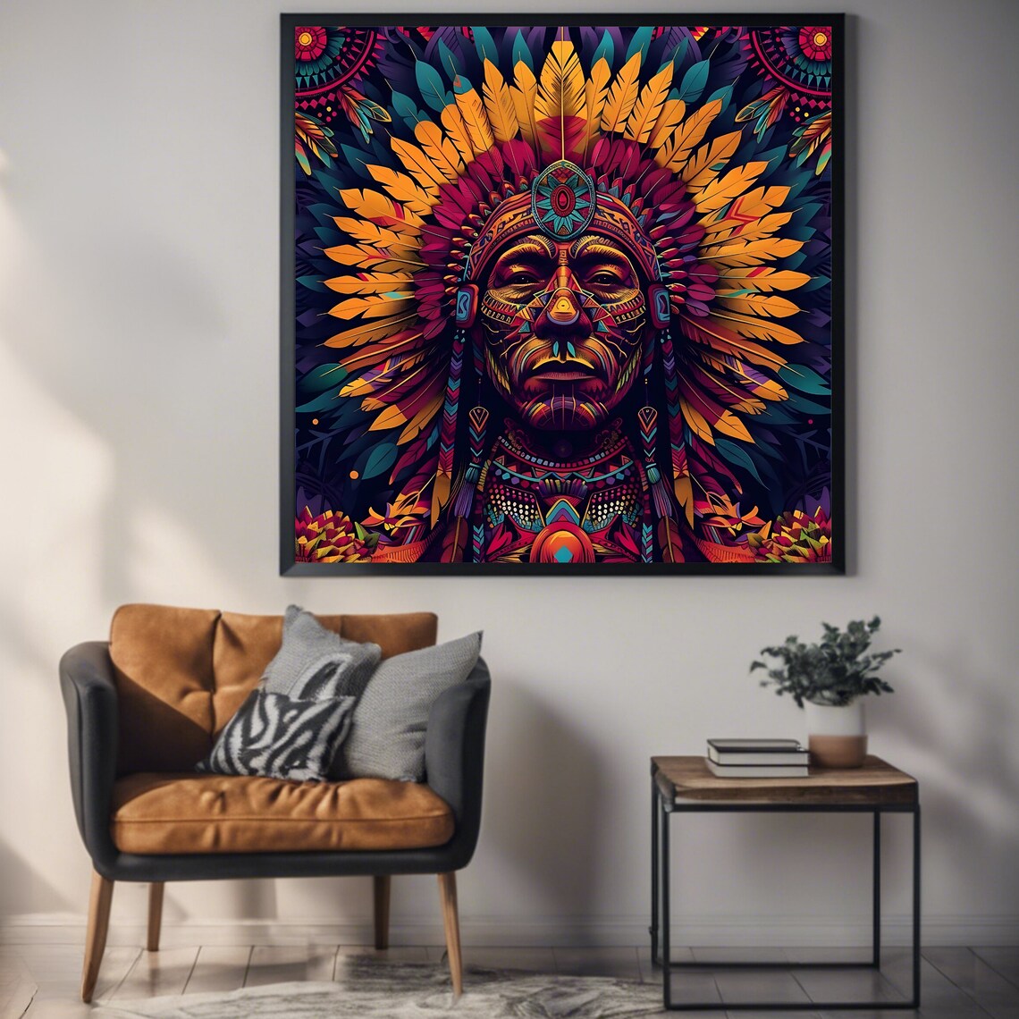 Tribal Warrior Wall Art Print Vibrant Native Headdress Artwork Cultural Square Poster - Image 3