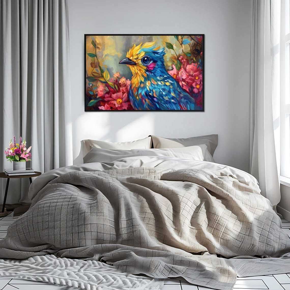 Colorful Songbird Blue Gold Feathers Pink Blossom Flower Poster - Image 2