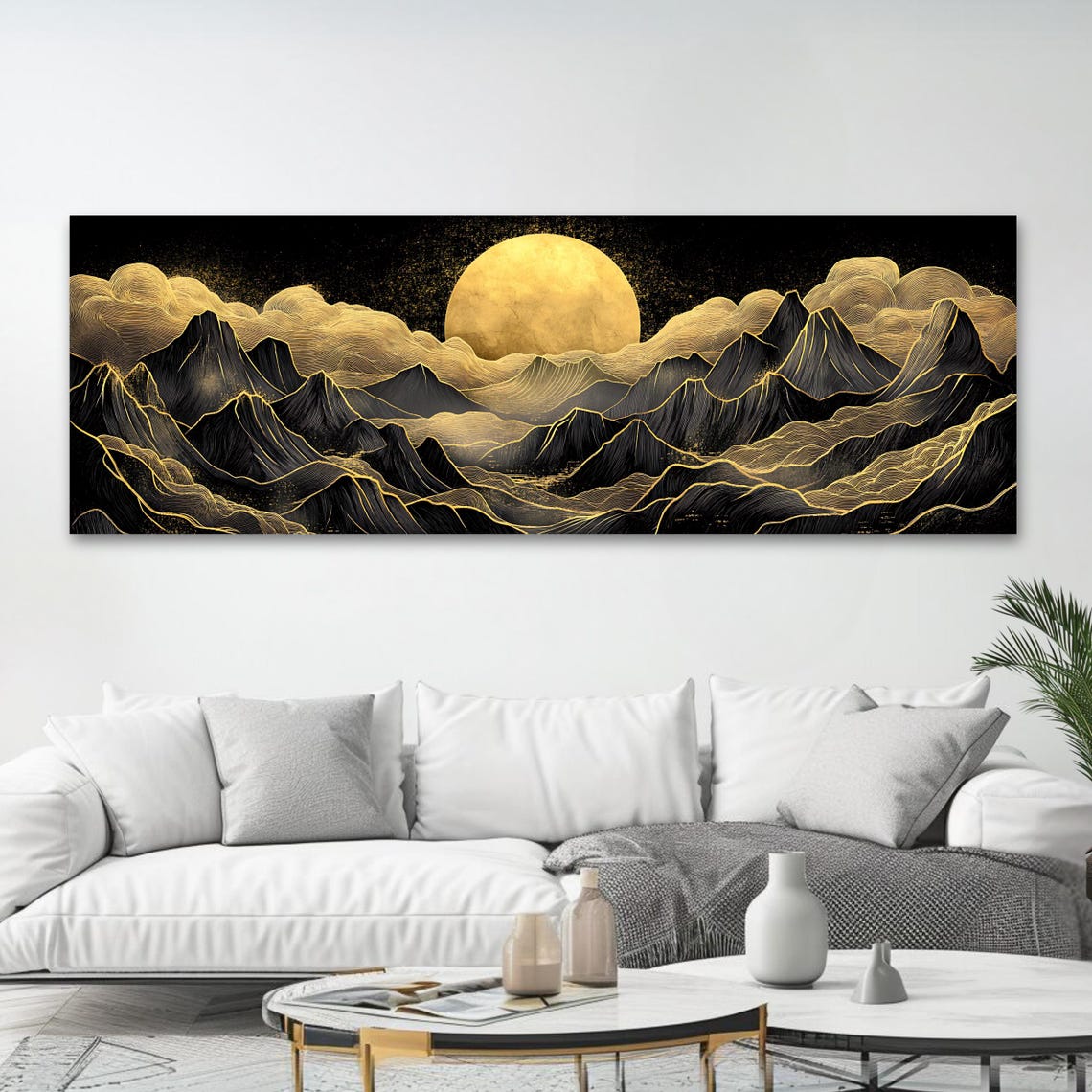 Golden Moon Mountain Wall Art Long Horizontal Narrow Print Modern Abstract Landscape Artwork For Above Couch Or Bed - Image 4