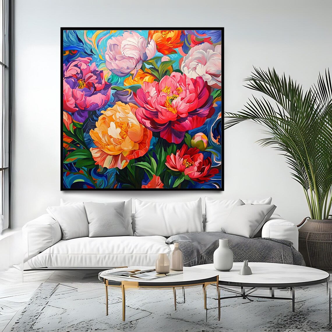 Vibrant Peony Blossoms Colorful Swirl Botanical Floral Painting Print - Image 4
