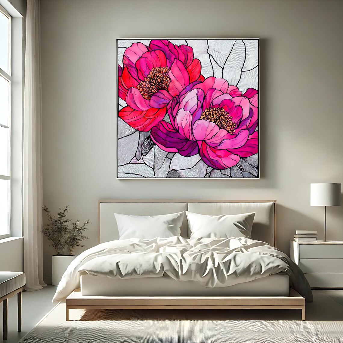 Pink Magenta Peony Blossoms Stained Glass Style Floral Wall Art Poster - Image 2