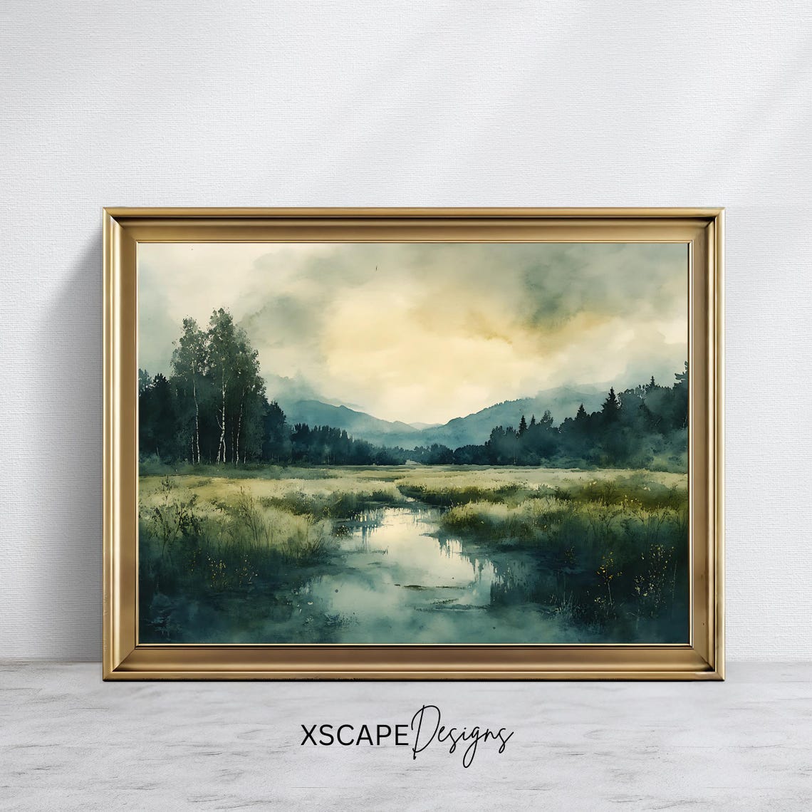Misty Mountain Stream Valley Soft Green Watercolor Travel Poster