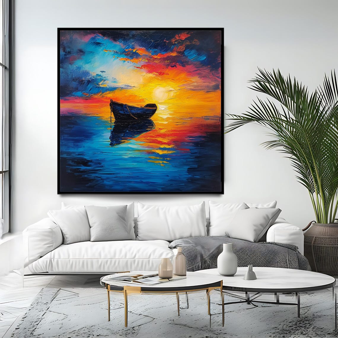 Sunset Rowboat Calm Sea Golden Reflection Blue Orange Ocean Art Poster - Image 4
