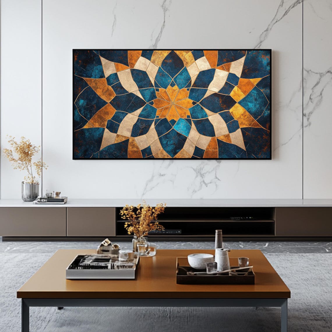 Islamic Geometric Art For Frame Tv Roku Screensaver Blue And Gold Wall Art - Image 2