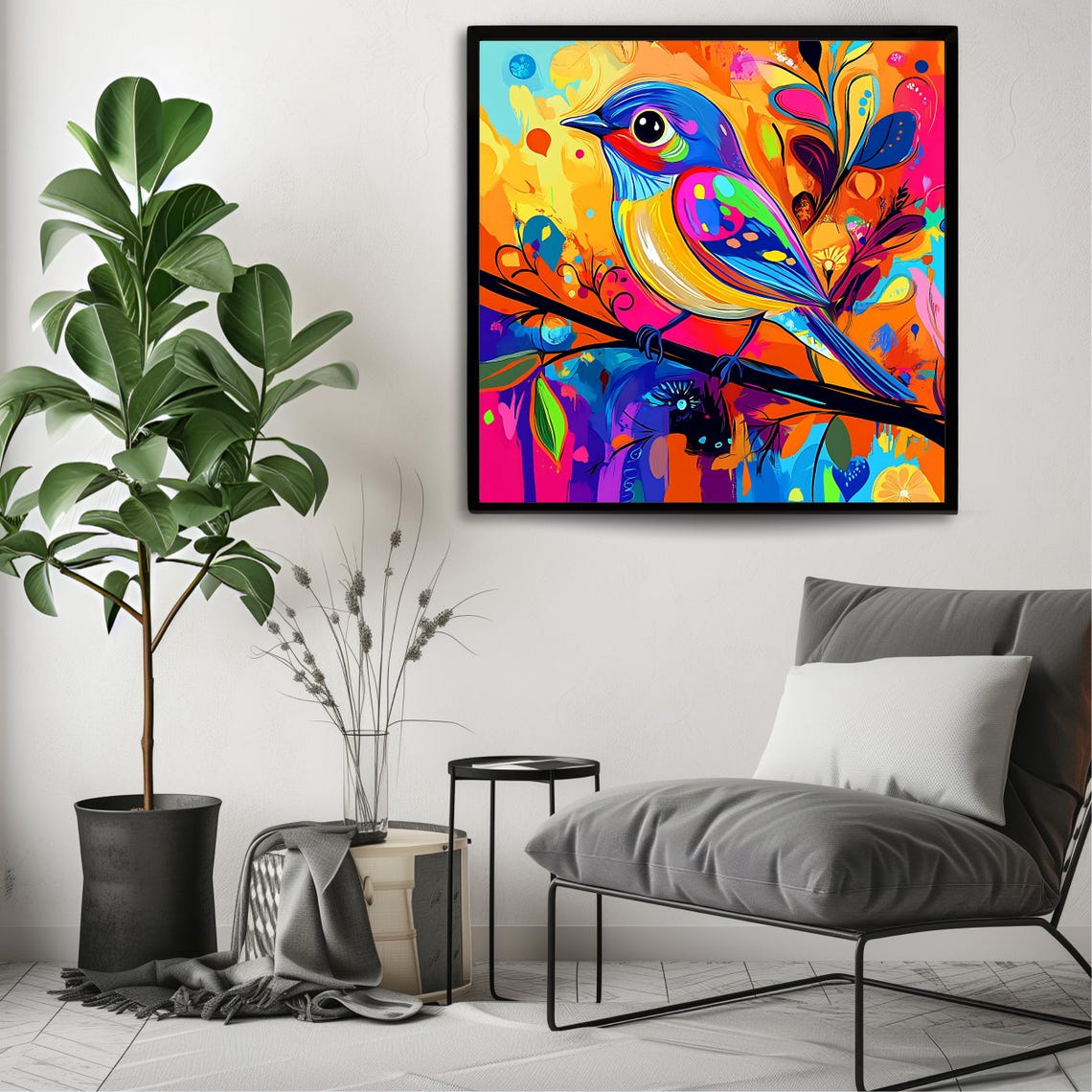 Rainbow Songbird On Branch Explosive Colorful Abstract Bird Art Poster - Image 3