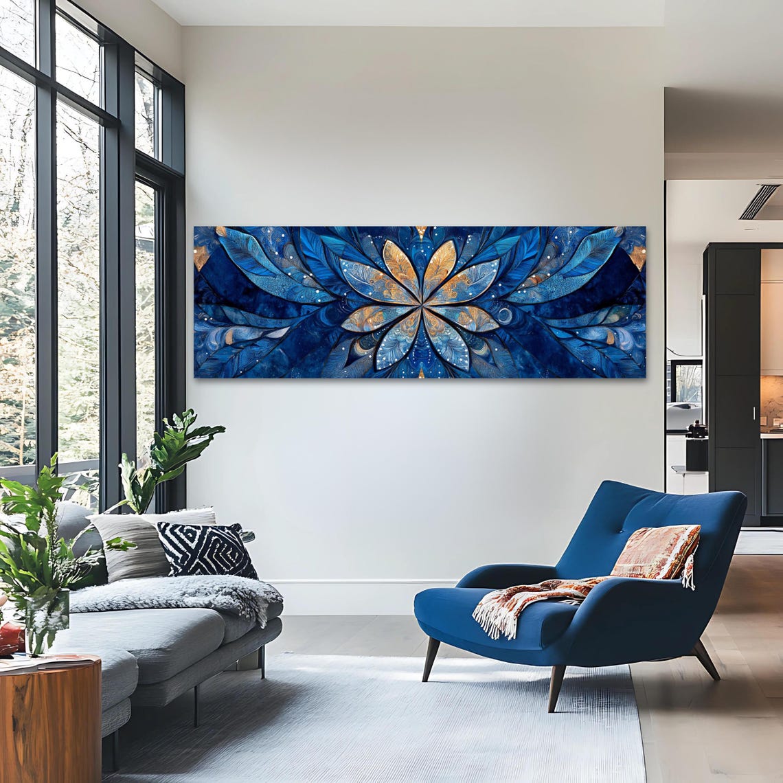 Blue Gold Symmetric Mandala Petals Panoramic Boho Art Poster - Image 3