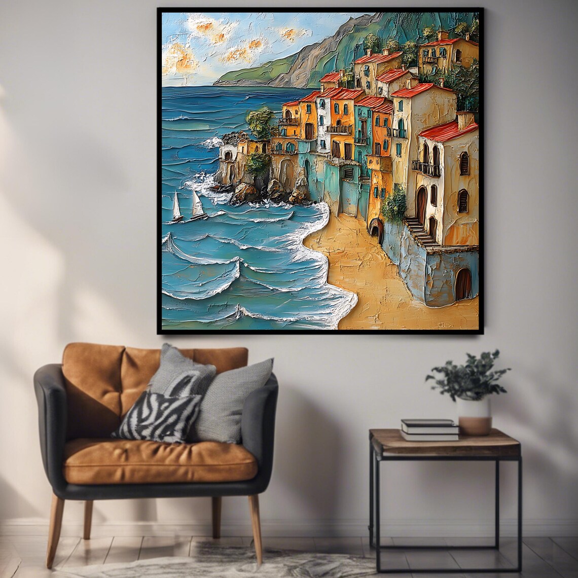 Mediterranean Cliffside Village Colorful Houses Beach and Sea Poster - Image 3