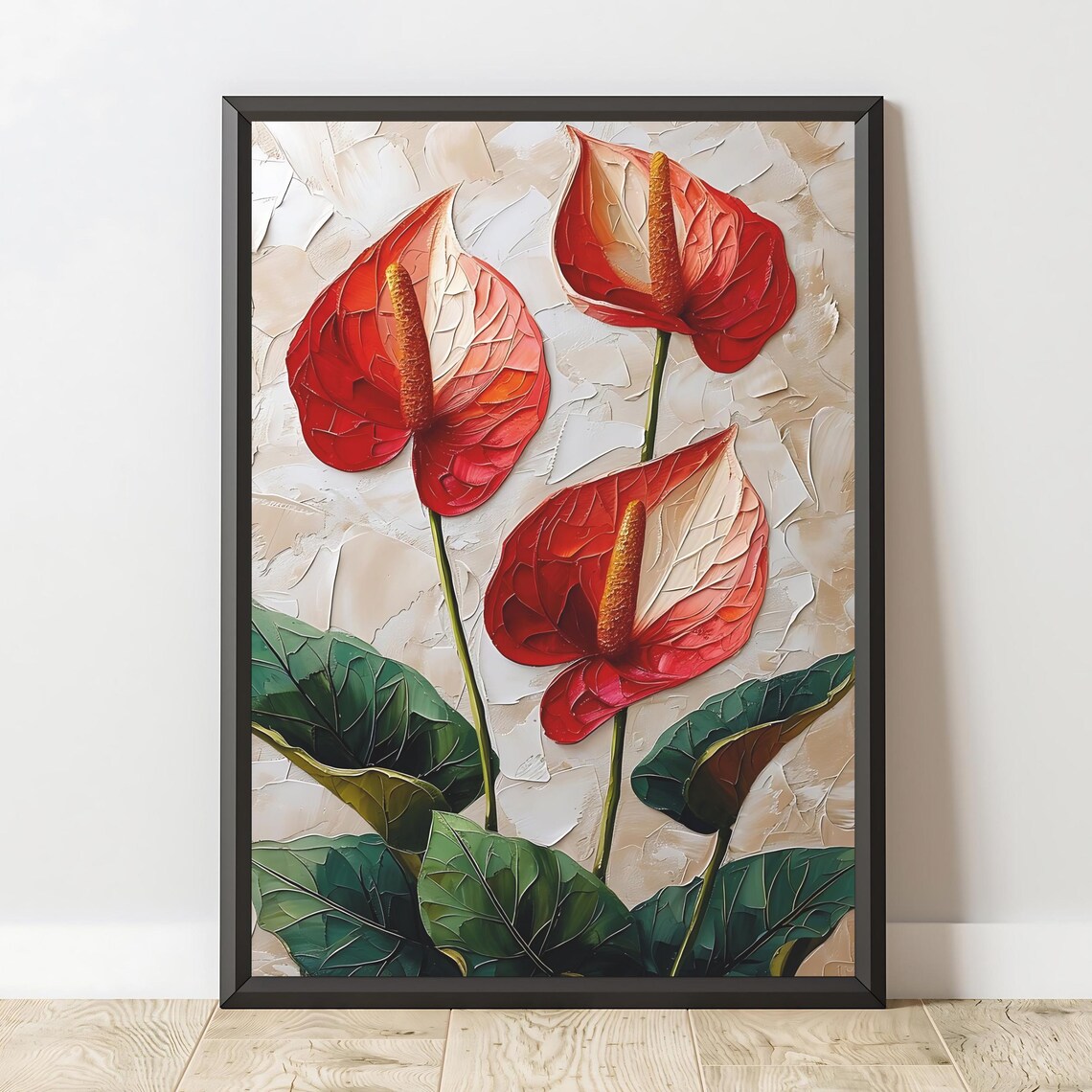 Red Anthurium Flowers Impasto Floral Still Life Botanical Art Poster - Image 2