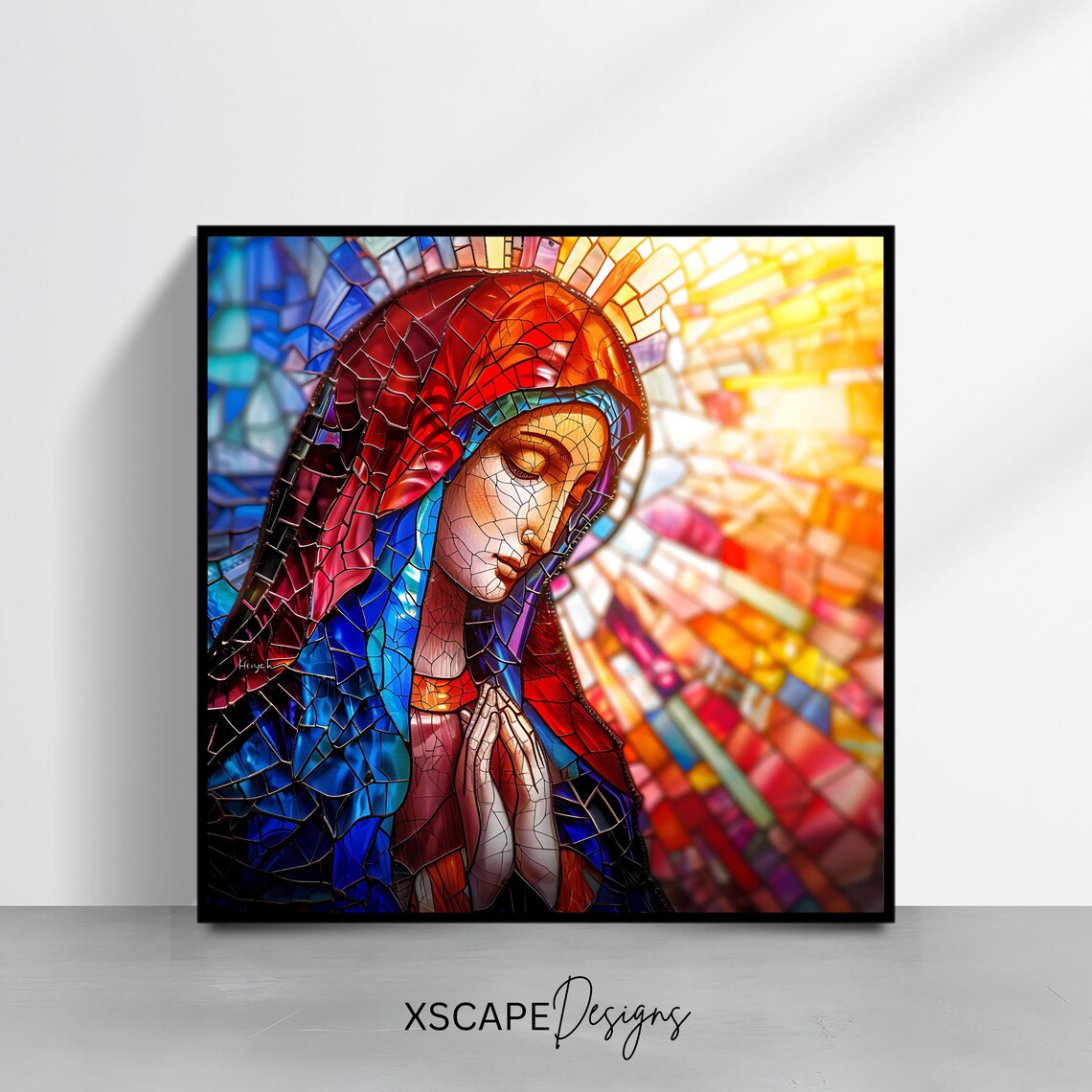 Praying Virgin Mary Stained Glass Cathedral Art Religious Wall Art Print