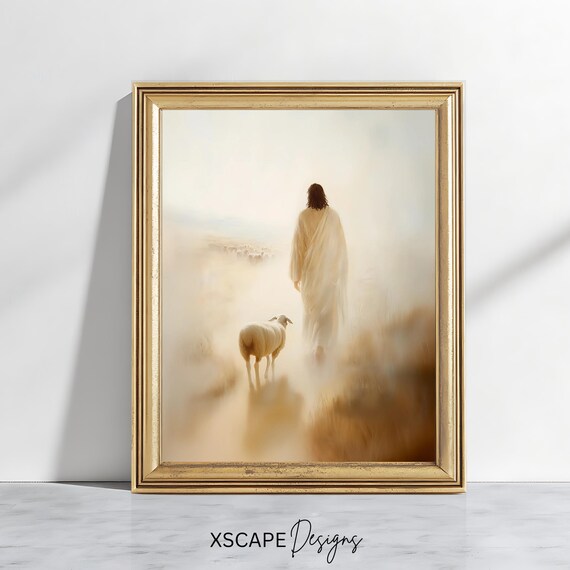 Jesus the Good Shepherd With Sheep Golden Mist Christian Faith Wall Art