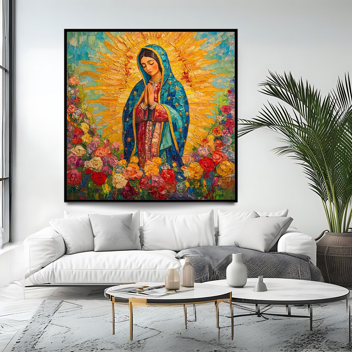Our Lady of Guadalupe Blue Mantle Golden Sunburst Roses Impasto Art Print - Image 4