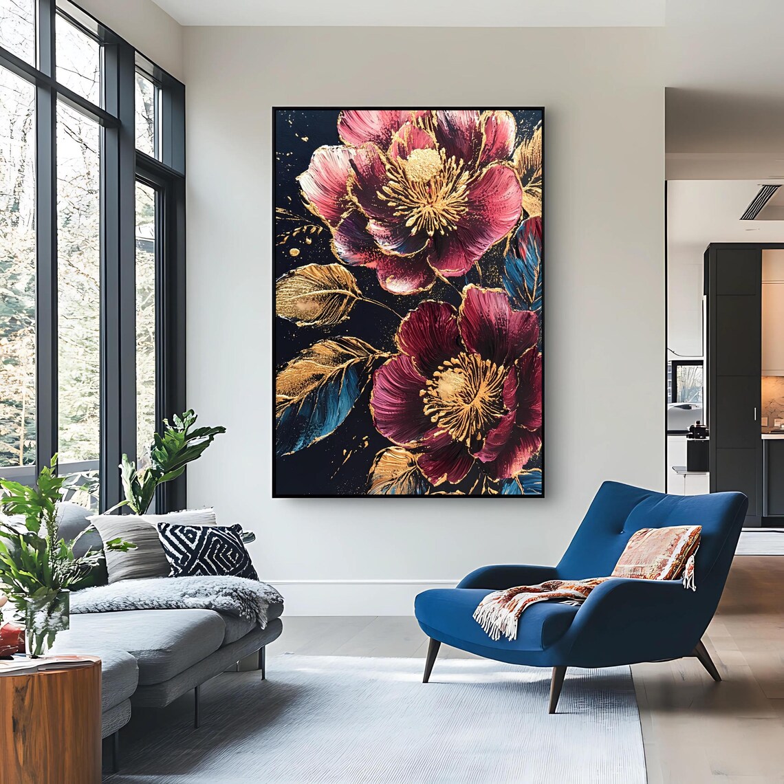 Gold Floral Artwork, Elegant Botanical Decor - Image 2