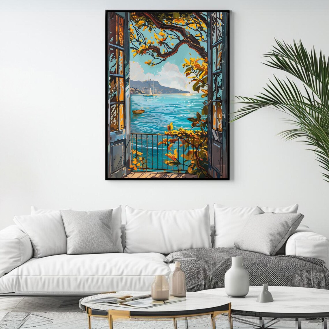 Mediterranean Balcony Window Ocean Sailboat View Coastal Travel Poster - Image 4