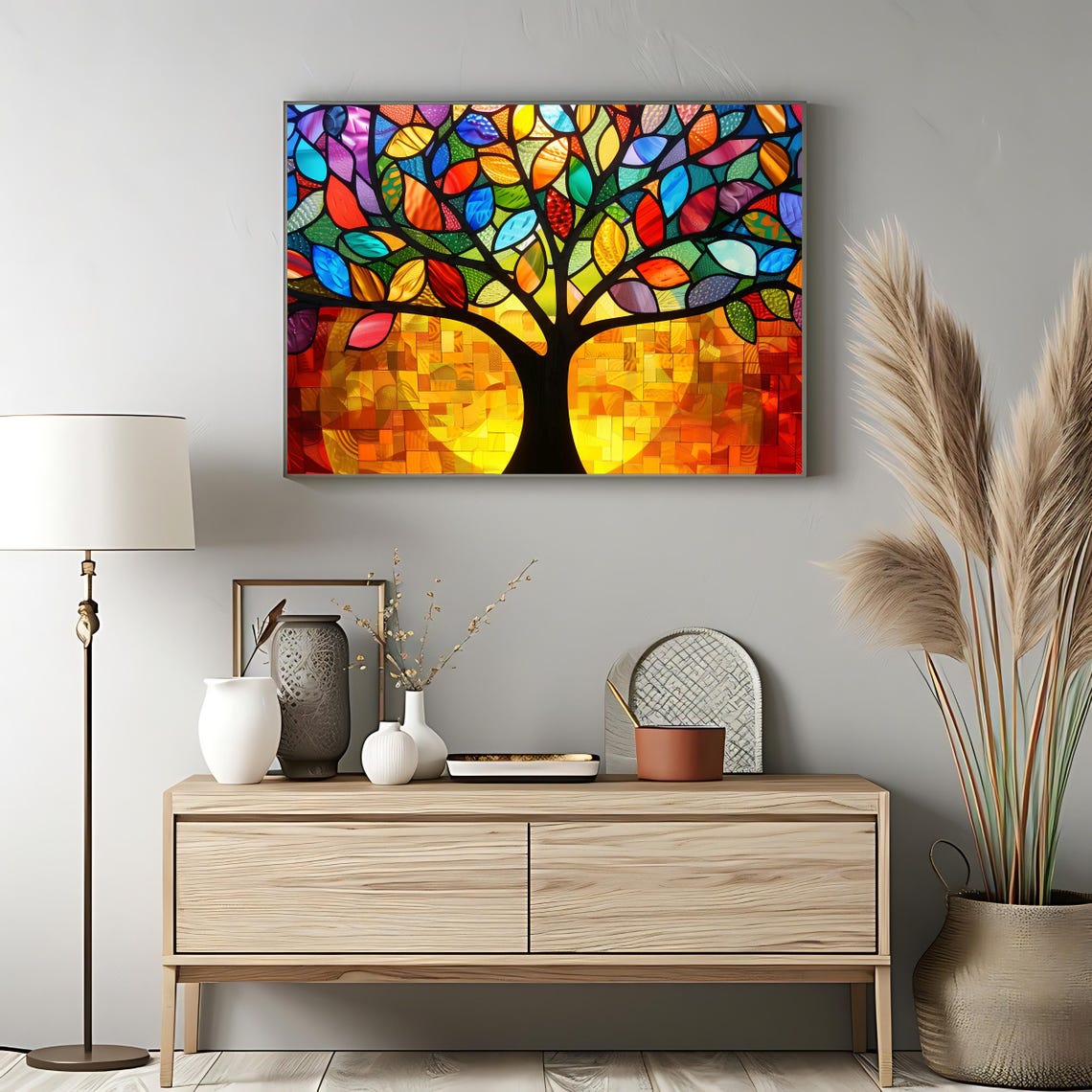 Tree Of Life Stained Glass Colorful Leaves Warm Sunset Art Poster - Image 3