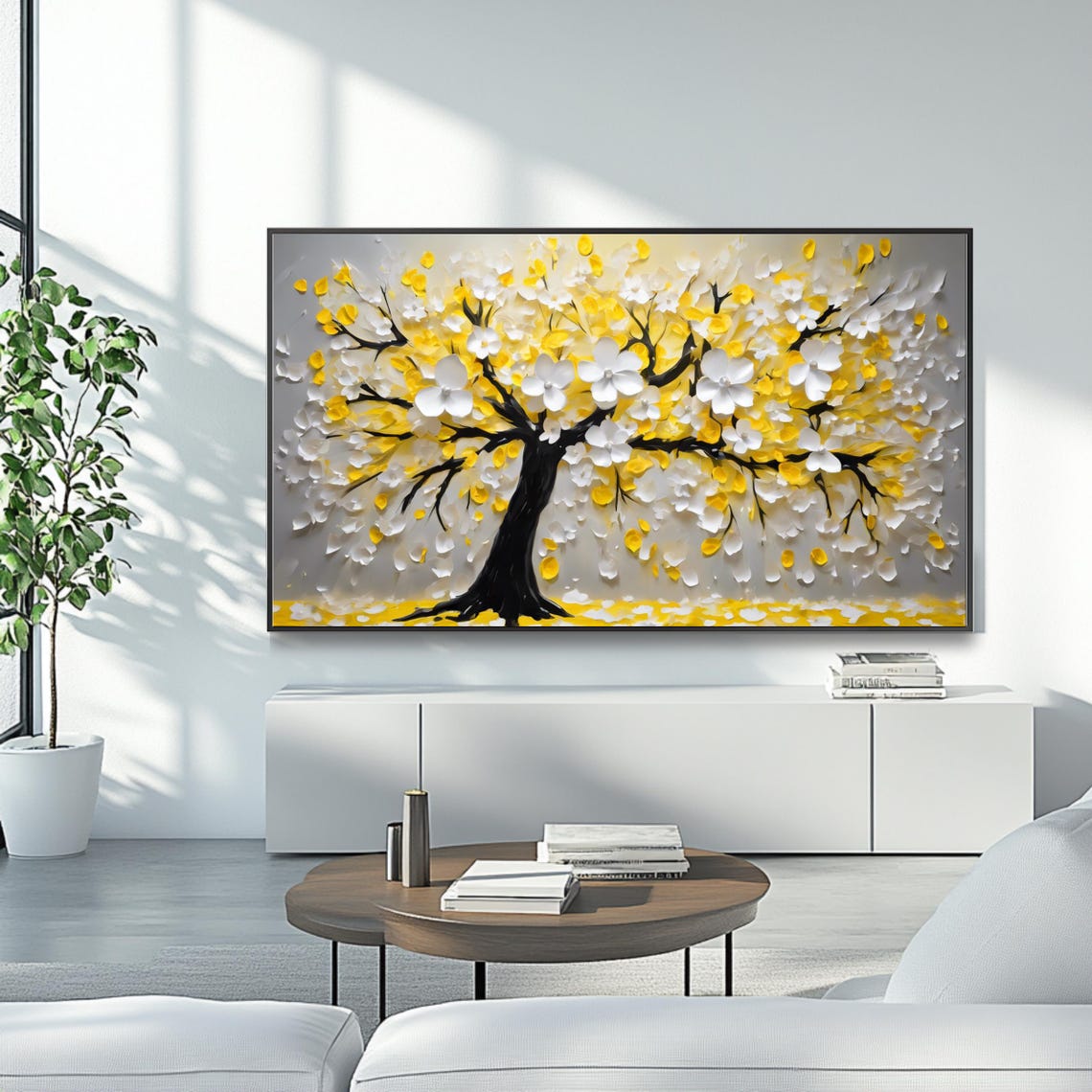 Golden Blossoming Tree White Yellow Flowers Impasto Painting Poster - Image 4