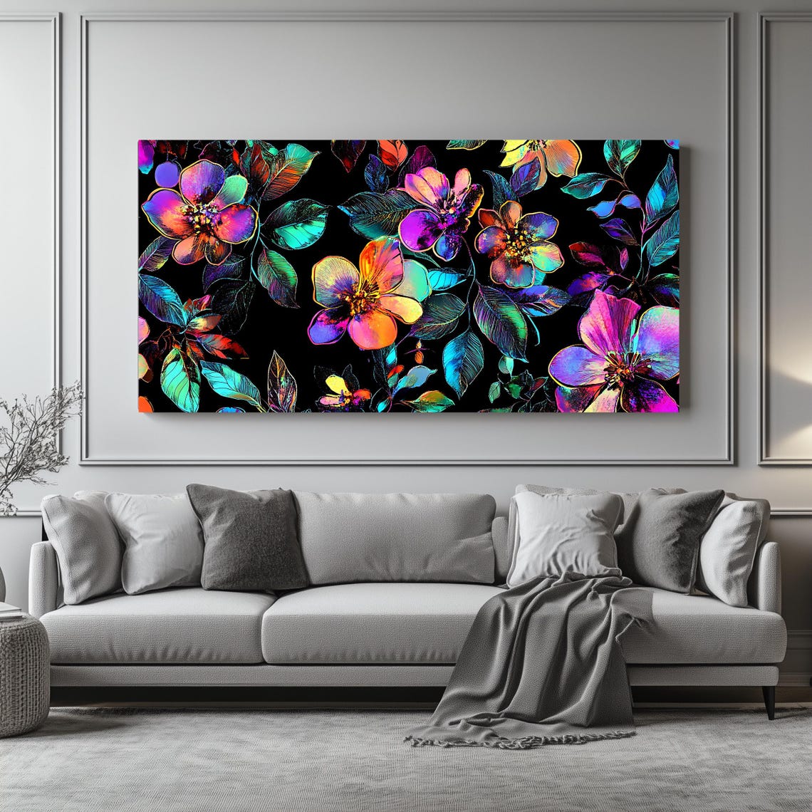 Neon Floral Blossoms Black Background Modern Botanical Wall Art Poster - Image 4