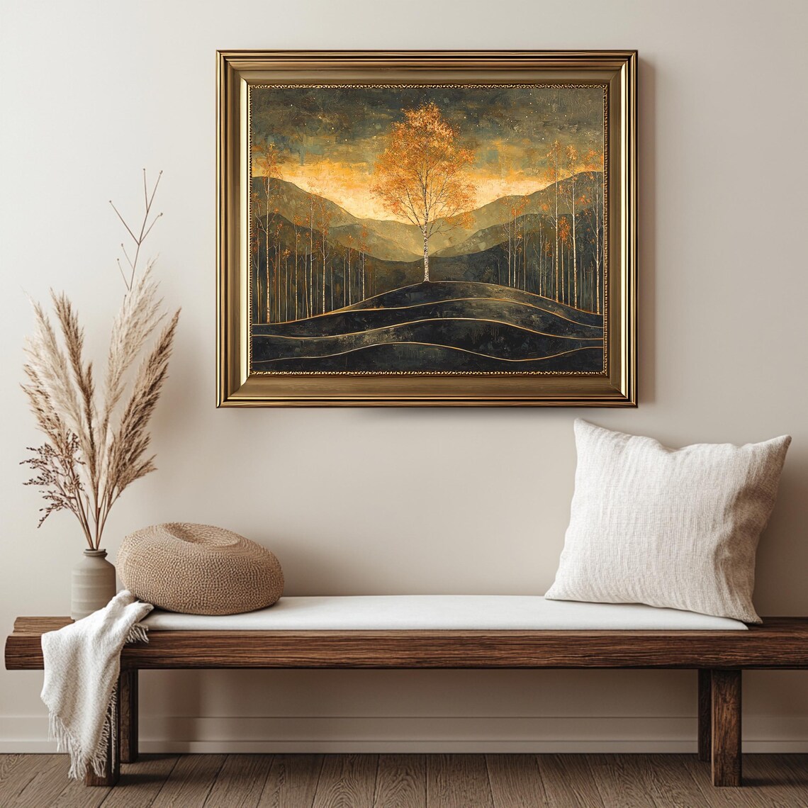 Golden Autumn Birch Trees Starry Dusk Mountain Landscape Art Poster - Image 2