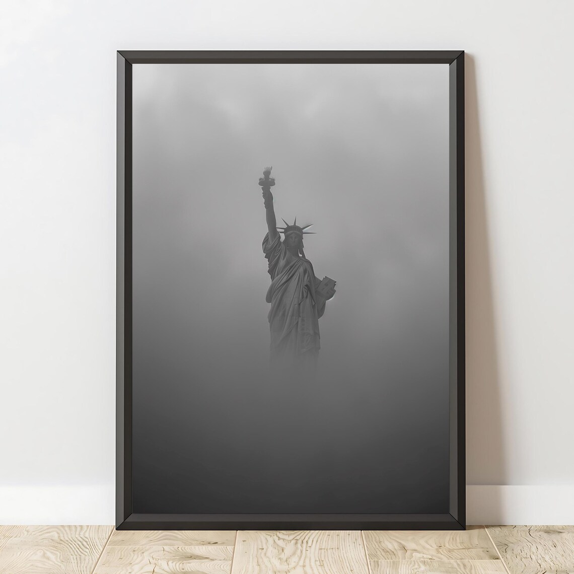 Statue of Liberty Foggy Black and White Minimalist New York Art Poster - Image 2