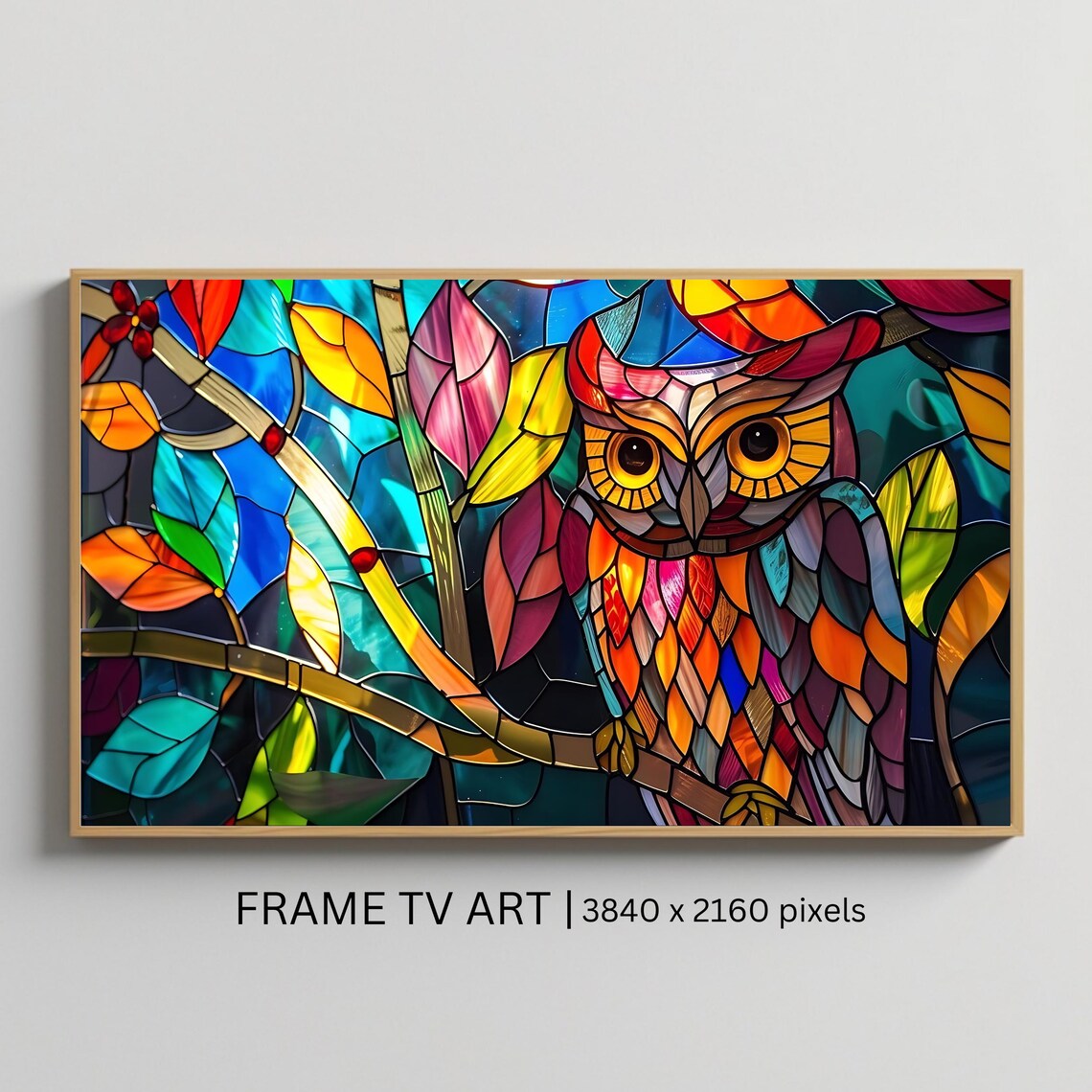 Stained Glass Owl Vibrant Colorful Mosaic Bird Painting Print