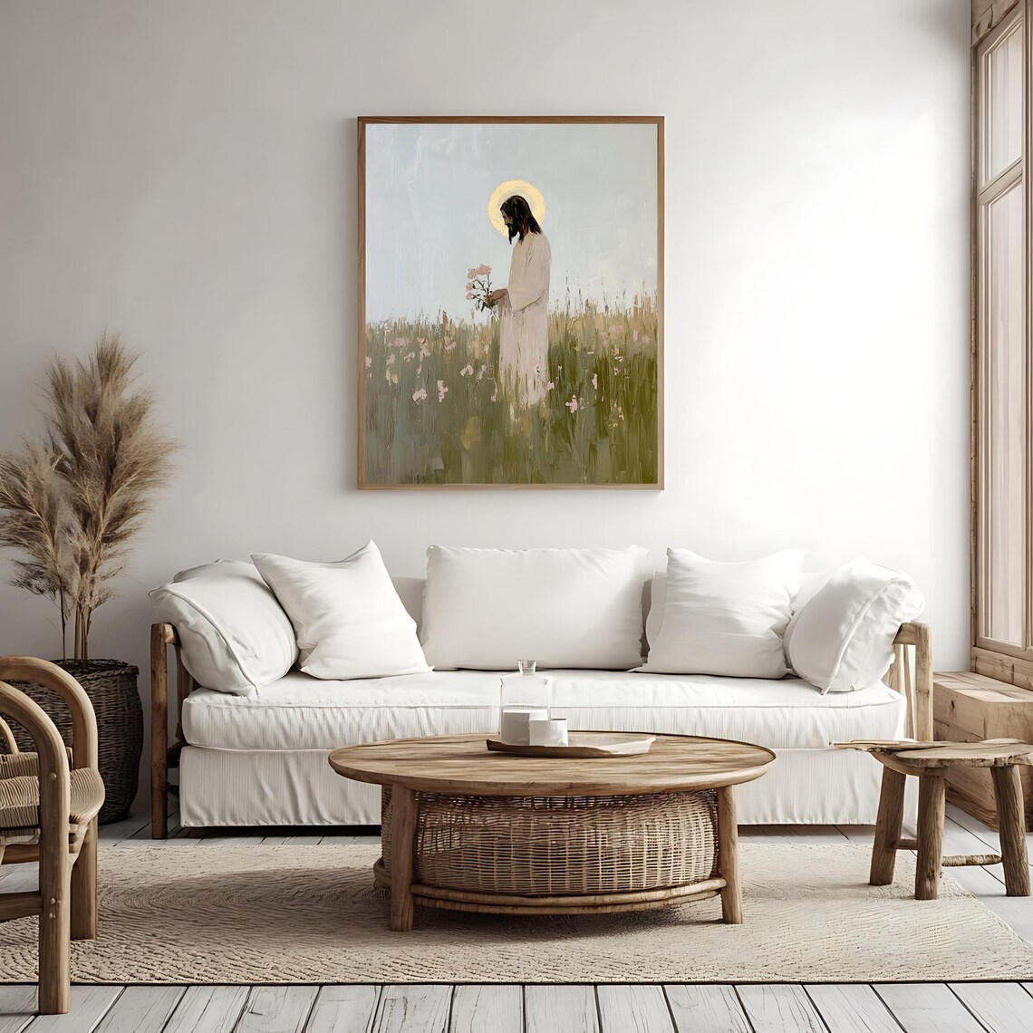 Jesus In Wildflower Meadow Holding Blooms Peaceful Christian Art Poster - Image 4
