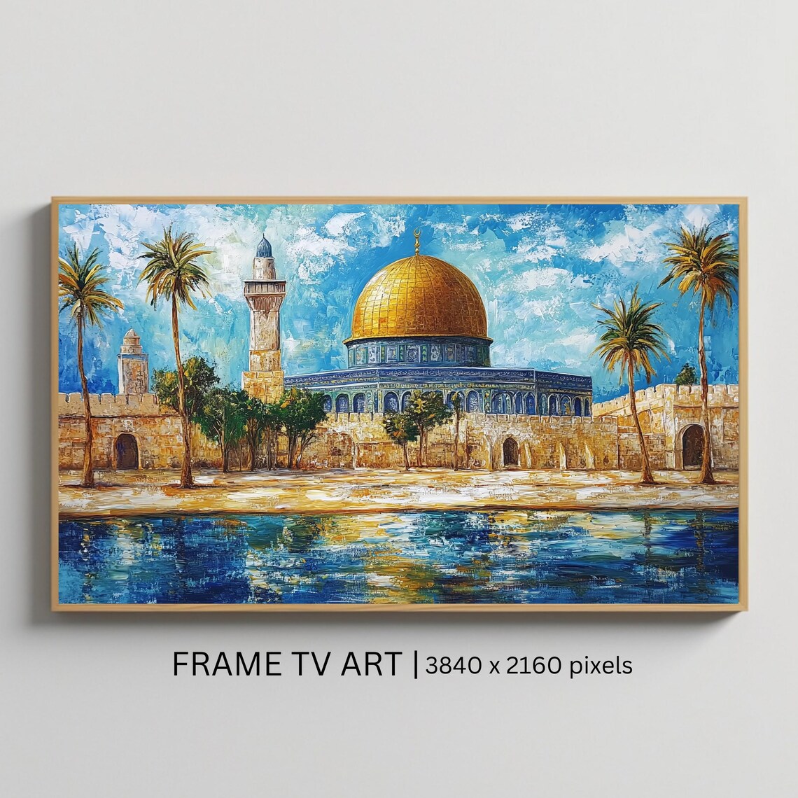 Dome Of The Rock Palm Trees Water Reflection Colorful Painting Poster