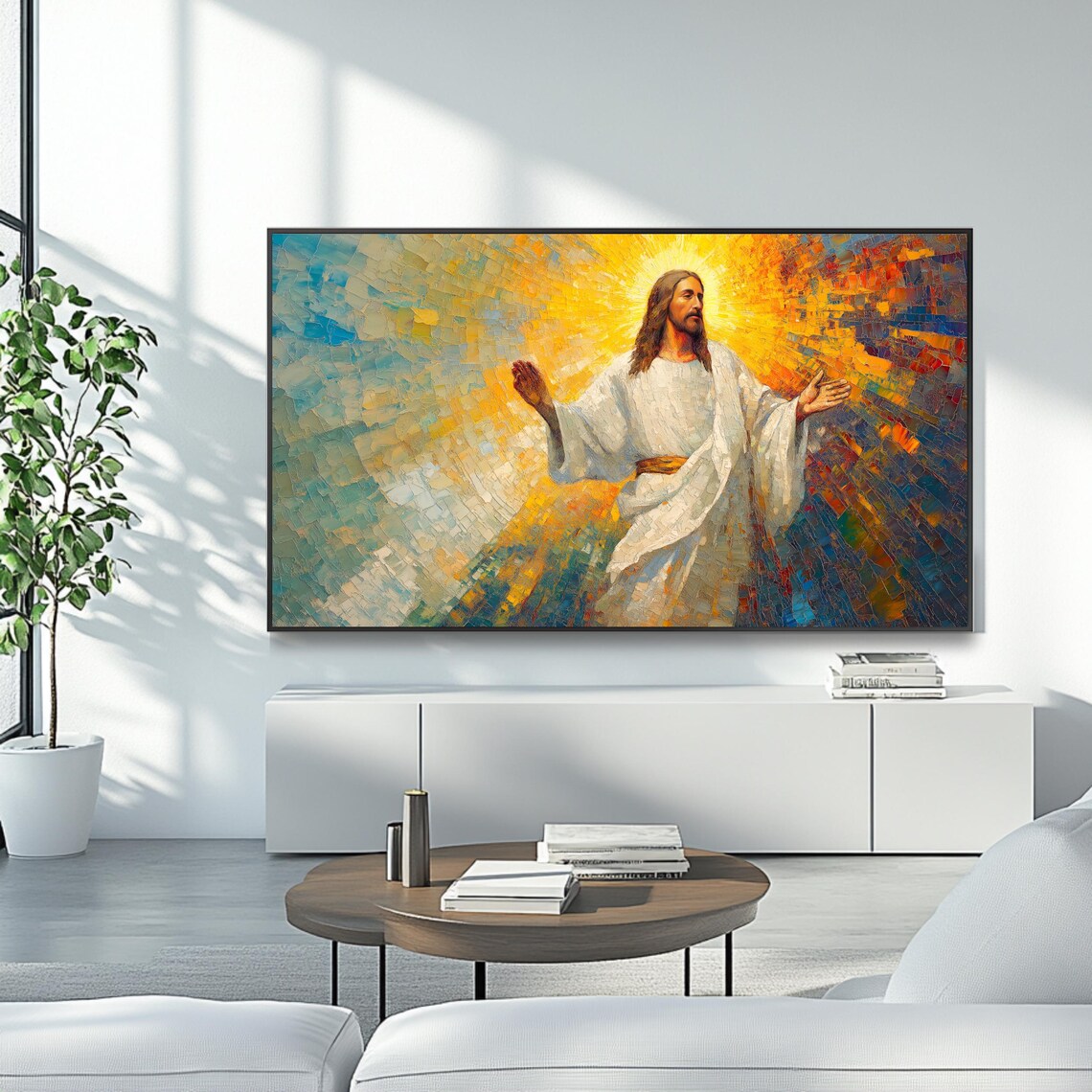 Jesus Christ Open Arms Golden Halo Mosaic Faith Inspirational Art Poster - Image 4