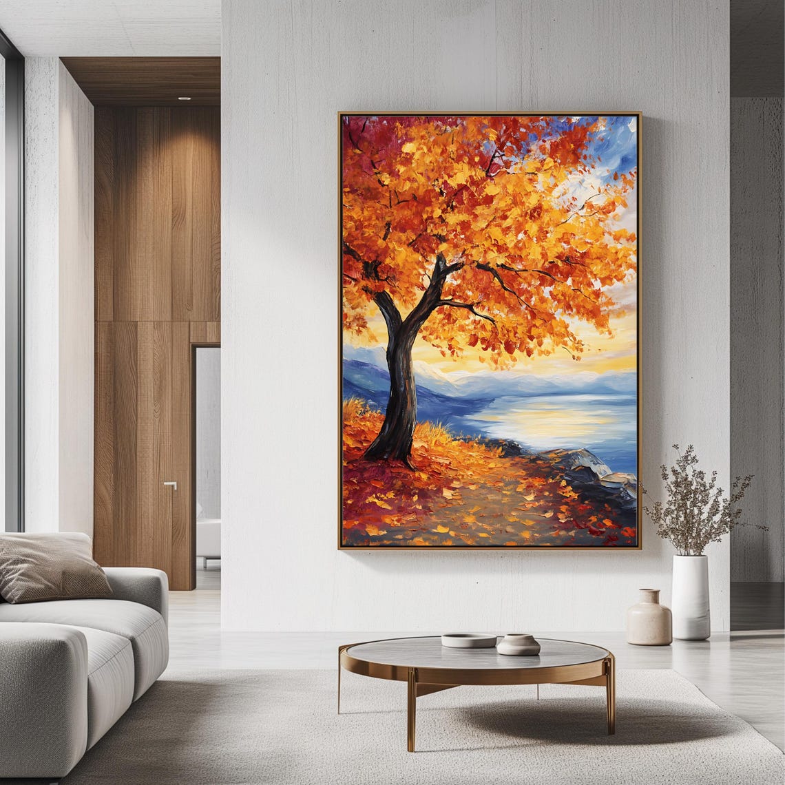 Autumn Tree with Orange Leaves on a Lakeshore at Sunset Art Poster - Image 3