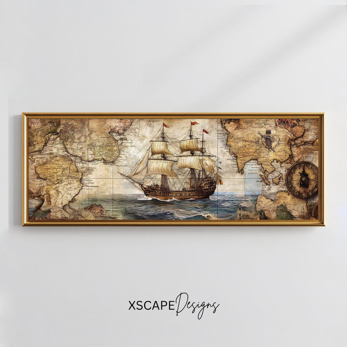Vintage Nautical Tall Ship Antique World Map Panoramic Art Poster