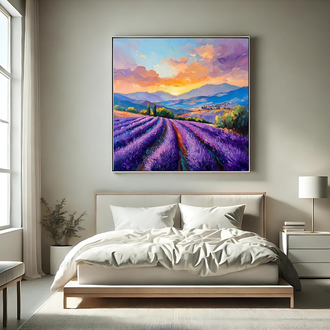 Lavender Field Rows Sunset Glow Over Distant Mountains View Poster - Image 2