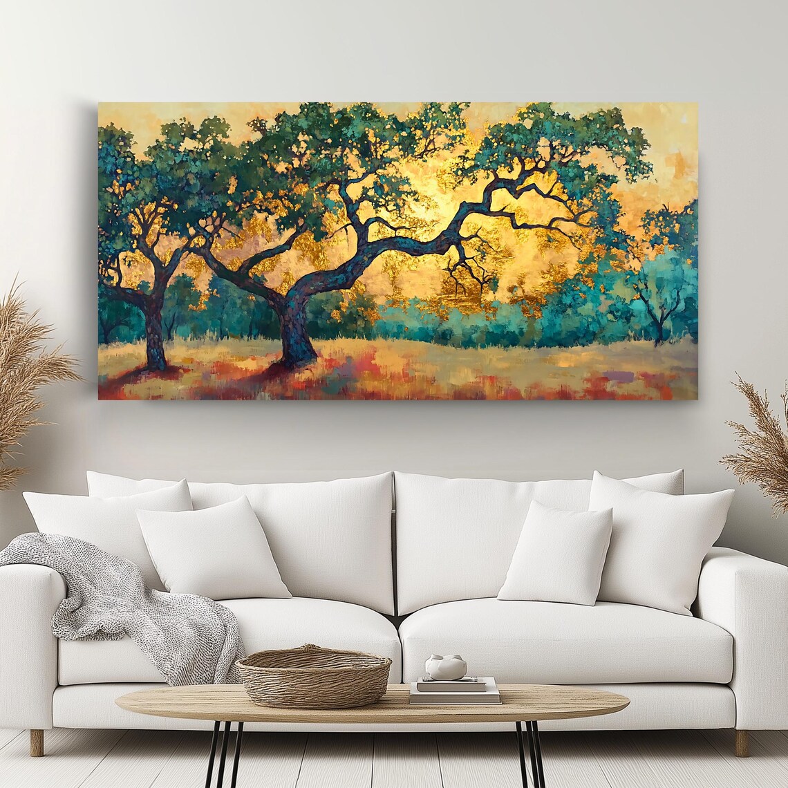 Golden Oak Tree Panoramic Landscape Art Print - Image 2