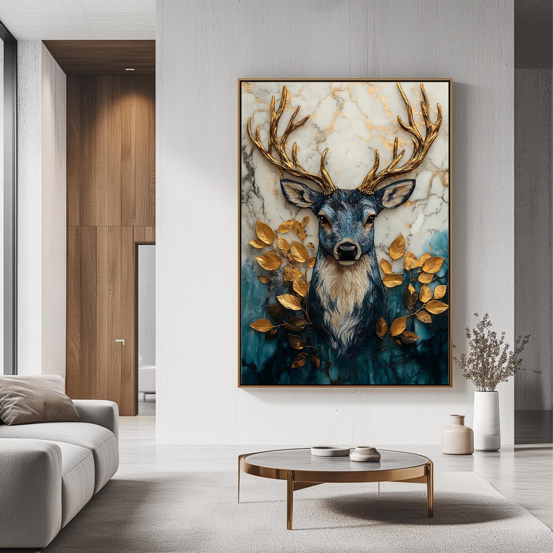 Majestic Deer Golden Antlers Teal Marble Background Blue Gold Wall Poster - Image 3