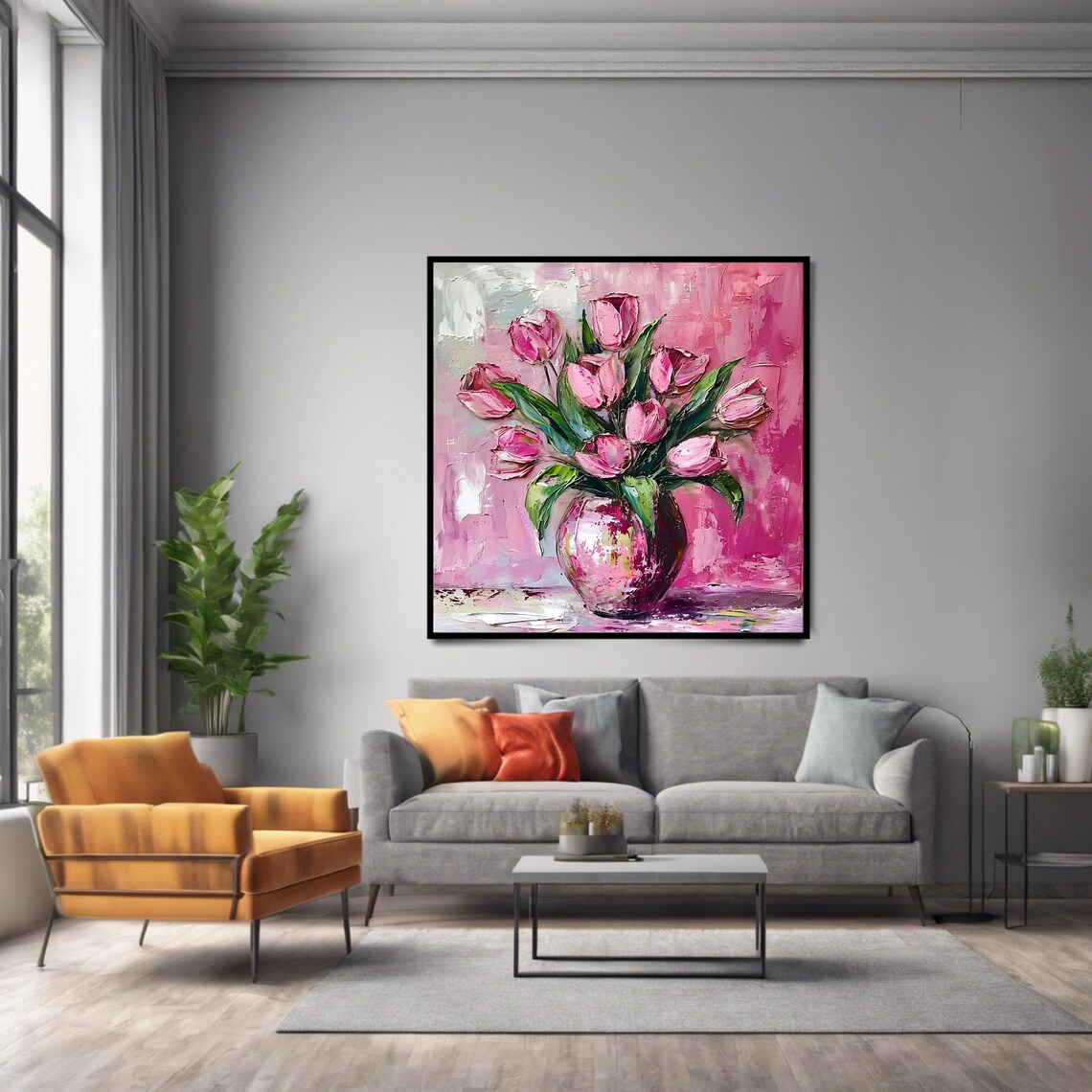 Pink Tulip Vase Floral Square Poster Art Print - Image 2