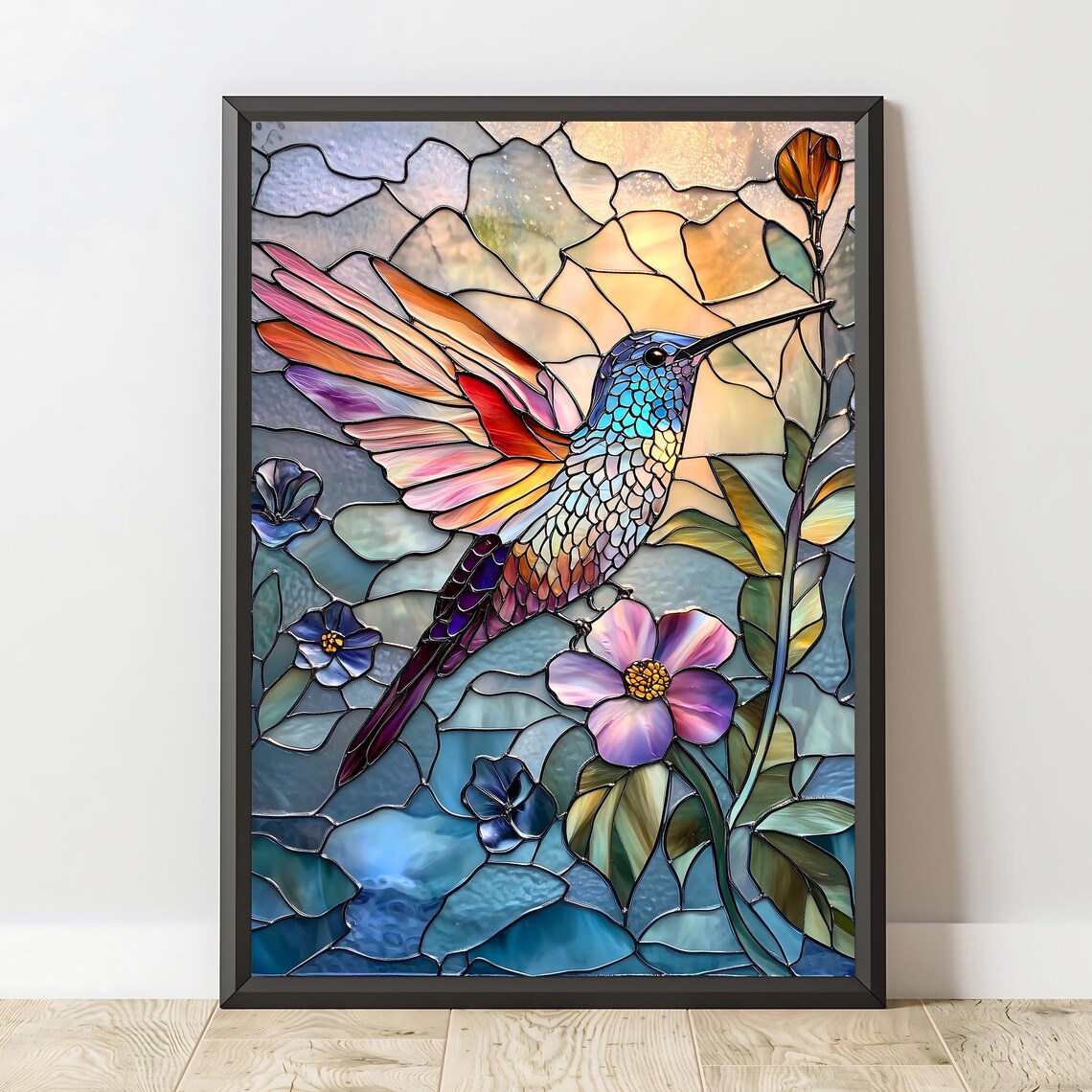 Stained Glass Hummingbird And Flowers Colorful Nature Art Poster - Image 2