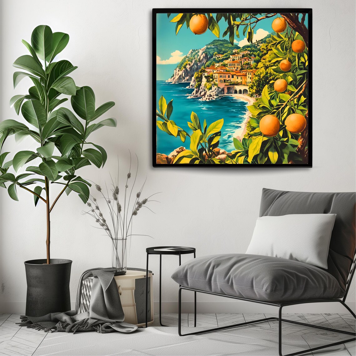 Mediterranean Coastal Art Print, Orange Tree Seaside Artwork - Image 3