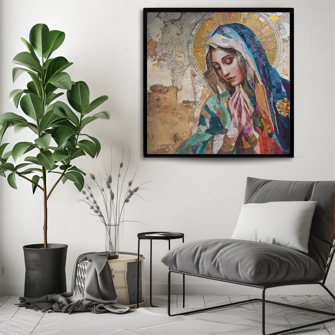 Virgin Mary Praying Hands Mosaic Halo Colorful Catholic Religious Wall Art Poster - Image 3